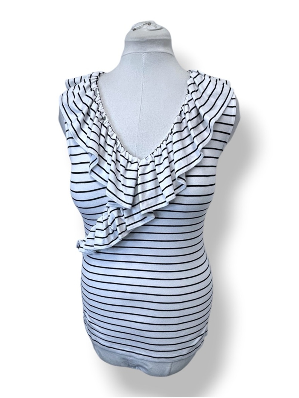 Lauren Ralph Lauren Women’s V-Neck Striped Ruffled Tank Top White Black M